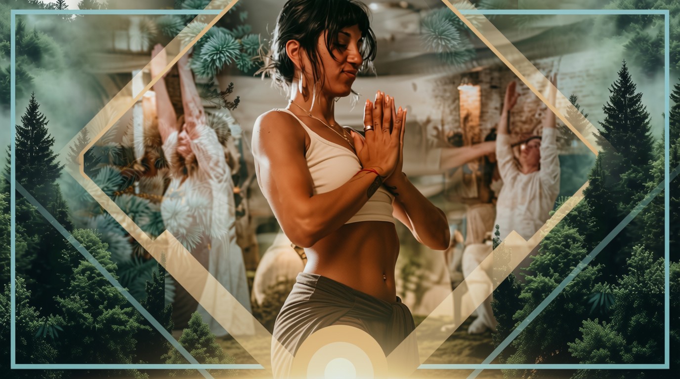 Winter Solstice Retreat artwork: a woman in prayer pose framed by evergreen trees and a rising sun